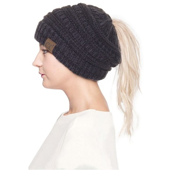 C.C Multi Tone Messy Bun Ponytail Beanie Hat - Picture 1 of 2